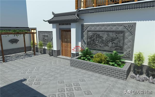 中式庭院围墙爱上迎客松，迎客松浮雕挂件真大气