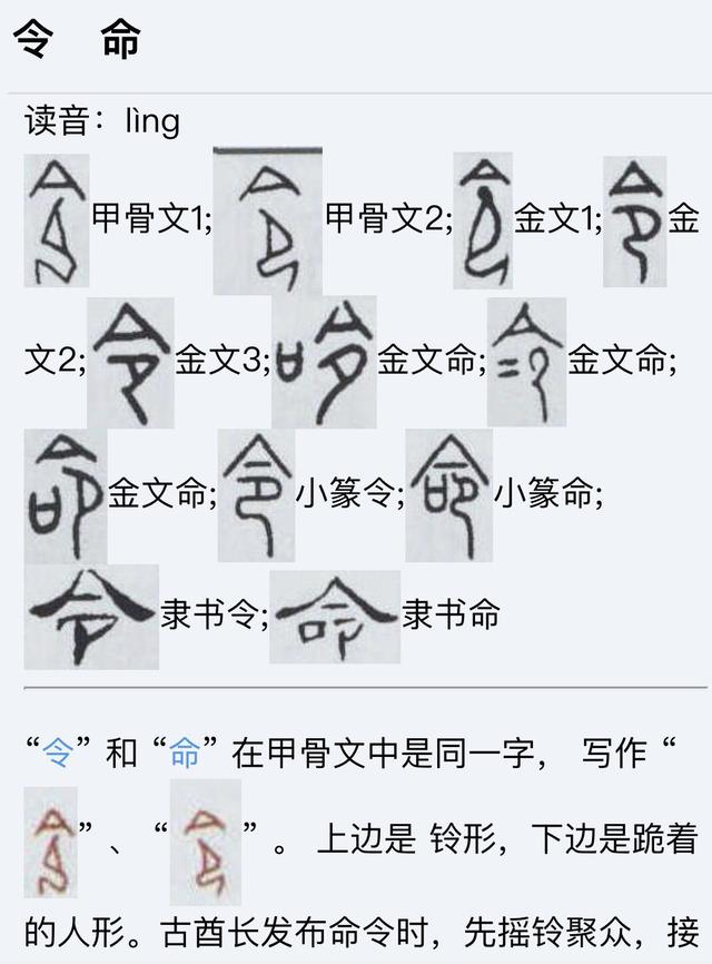 我们知道,首先汉字为象形字,而"令"字在中国古代由甲骨文的令字转变为