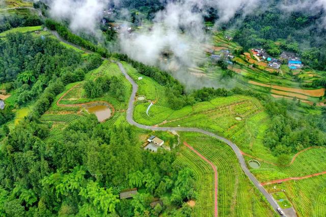 航拍旺苍美丽乡镇，云雾笼罩像是披上了一层轻纱，似仙女下凡
