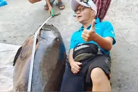 广东钓鱼人钓获罕见的石斑鱼，体长超过成年人！网友：值好几万图片