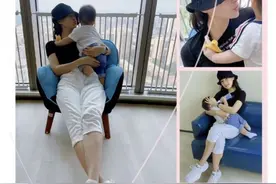 章子怡抱儿子阳台看风景，小家伙手拿磨牙棒，喝奶翘腿超活泼图片