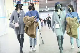 王鸥新年最初机场照，身穿灰色针织毛衣搭长靴，机场三件套齐上阵图片