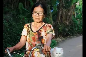 老奶奶骑车带着两只猫出去，坐在后排的不爽了：我也要做前面图片