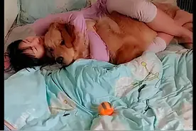 女朋友睡觉时还死死抱着金毛，它一脸不情愿：我可不想取代你图片