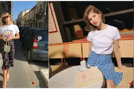 这样穿“T恤+碎花半身裙”，再普通的女人也能拥有时髦的法式风图片