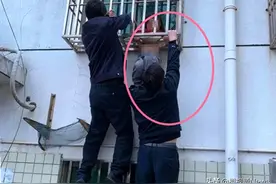 浙江台州4岁女孩卡在2楼防盗窗半个身子悬空，路过民警把自己的身体当梯子让小女孩踩图片