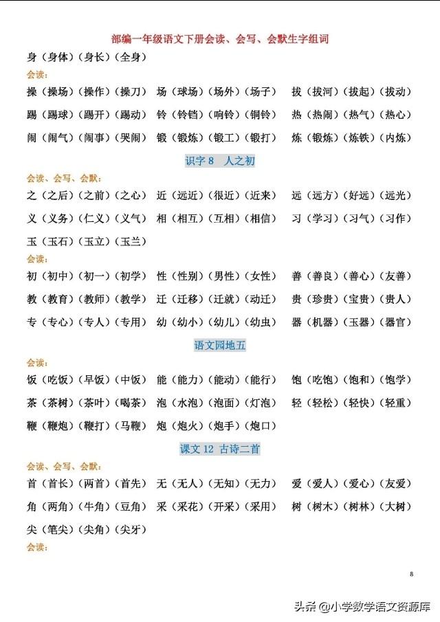 一年级语文下册部编版全册会读、会写、会默生字组词，助力学习！