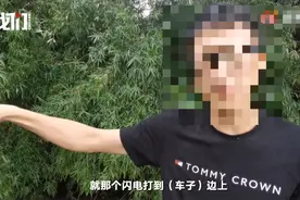 杭甬高速上一小车行驶中被闪电劈中：桔黄电光从前风挡玻璃上闪过，右侧反光镜破碎图片