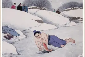 二十四孝246-卧冰求鲤：天寒地冻，王祥裸衣卧冰求鲤鱼，真可信？图片