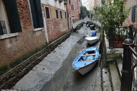 意大利威尼斯罕见河道干涸，水城不在河底现淤泥，实在太破旧了图片