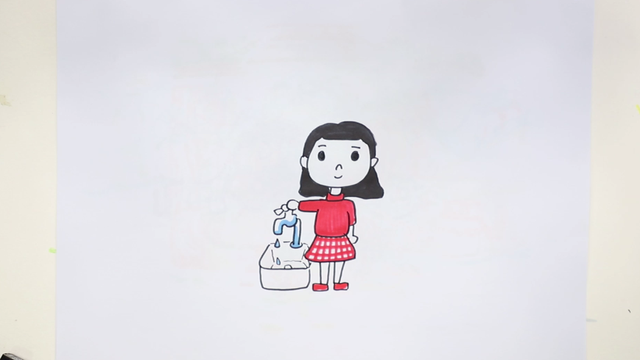 步骤①画上小姑娘关闭水龙头的样子;节约用水简笔画:步骤②开始上色