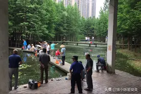 宜昌运河公园好热闹，水塘边上坐满前来钓鱼的市民图片