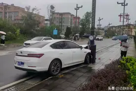 转弯路口，纸巾“起飞”酿横祸，轿车失控怼电杆图片