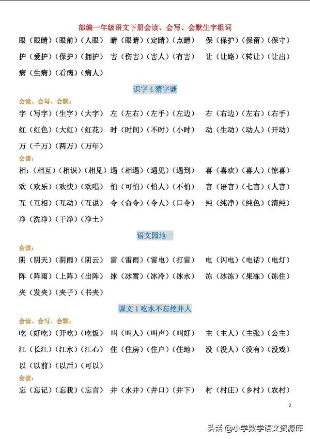 一年级语文下册部编版全册会读、会写、会默生字组词，助力学习！