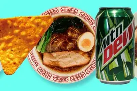 有人用多力多滋和激浪烹调“玩家专属拉面”，但卖相不太好图片