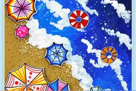 儿童画教程｜水粉画创意课程《“飘落在沙滩上的彩虹”遮阳伞》图片