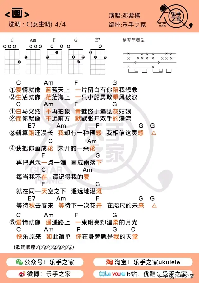 邓紫棋的《画》甜到掉牙啦 l乐手之家尤克里里弹唱谱