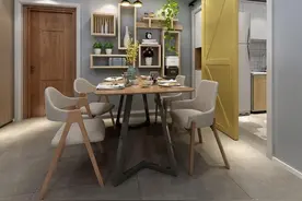 浅灰色北欧风客餐厅，橙色门墨兰墙颜色就是舒服图片