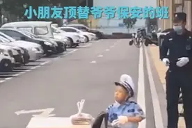 趁着爷爷回家吃饭，3岁孙子“接班”当保安，认真模样逗笑众人图片