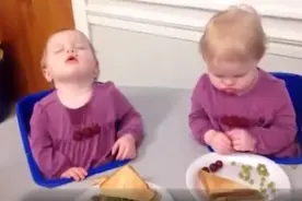 双胞胎宝宝饭桌前打盹，手里还拿着食物，神同步表情，逗乐妈妈图片