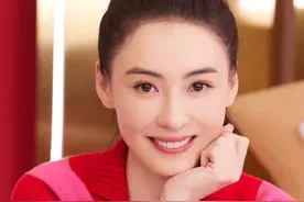 张柏芝美图，身穿红色条纹针织开衫，五官精致，时尚美艳图片