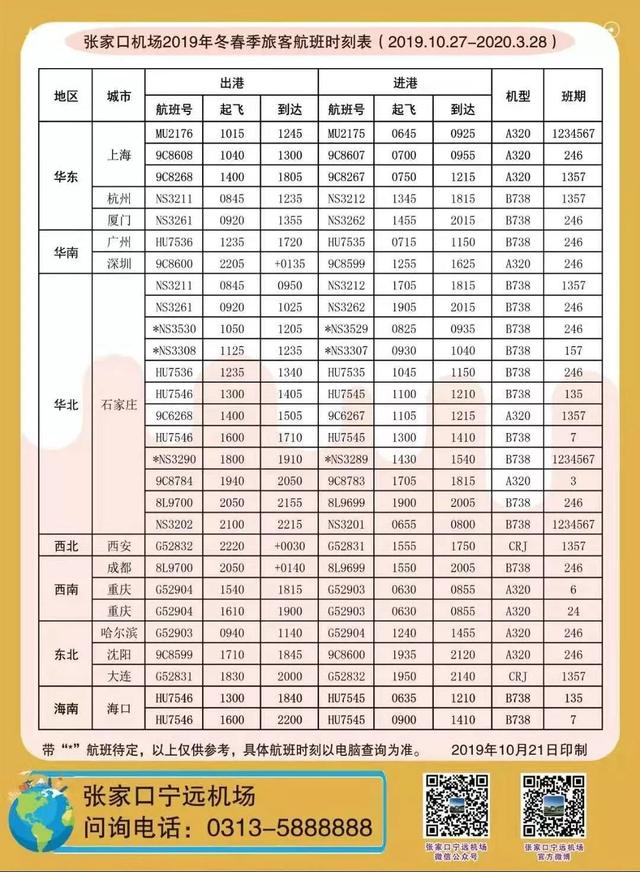张家口机场最新航班时刻表发布！又新增了多条航线！