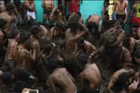 印度南部村庄举行一年一度“泼粪节”互扔牛粪狂欢图片