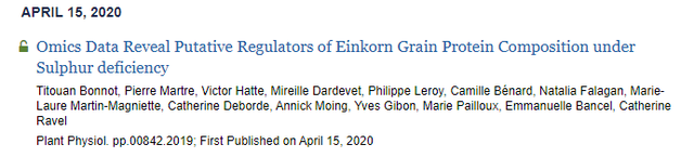 舶来赏析｜多组学数据揭示缺硫条件下一粒小麦籽粒蛋白的组成和调控（pp2020）