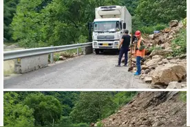 108国道周至山区段多处塌方 经抢修目前已恢复单车道通行图片