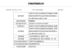 天津某中医院门诊部使用无任职资格人员从事中药处方调剂工作被罚500元图片