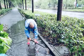 台风致中心城区这条路积水绵延，今早人们在风雨中为城市抢出一条“上班路”图片