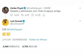 苏亚雷斯转发普约尔声援梅西推文，并配鼓掌表情图片