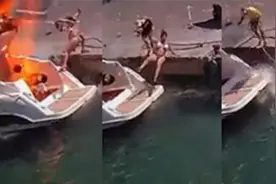 快艇加油瞬间意外爆炸 比基尼女子惨被弹飞坠海 港口监控全记录图片