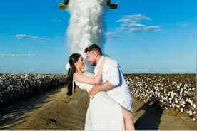 巴西新人拍创意婚纱照：喷水飞机飞过 两人浑身湿透图片