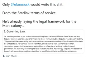 马斯克宣誓火星主权！SpaceX制定条款：火星移民将不承认地球法律，一切争端采取自治原则图片