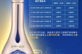 洋河上调梦之蓝手工班瓶贮酒价格，结算价每瓶涨100元图片