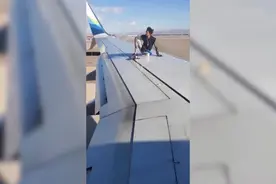 美国一男子爬上一架即将起飞的客机机翼 四处走动后坠落图片