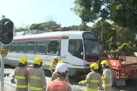 香港屯门一轻铁列车与货车相撞 致22人受伤图片