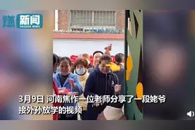 外公雷打不动拿小恐龙接外孙，看见孩子走过来，乐呵呵把玩具举高高图片