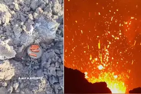 俄罗斯大胆登山者爬上活火山 在熔岩上烤香肠图片