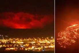 场面壮观！冰岛火山喷发，岩浆喷射照亮夜空图片