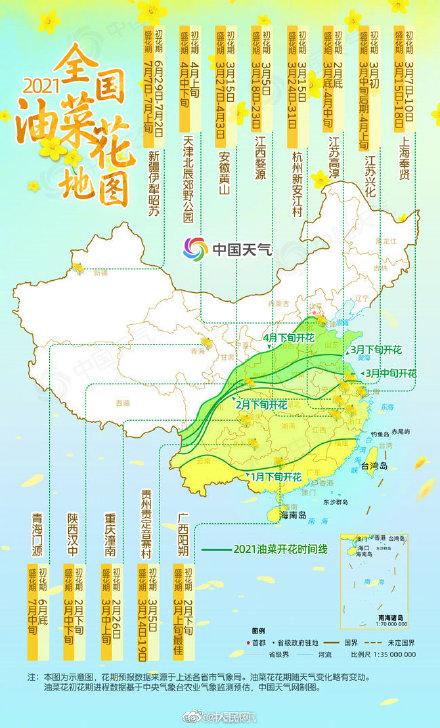 全国油菜花花期地图来了～走，踏青去