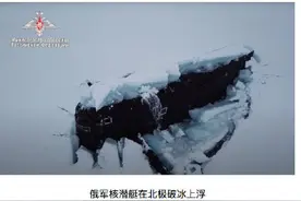 俄军核潜艇在北极破冰上浮时遇到北极熊，界标小旗被熊挖走图片