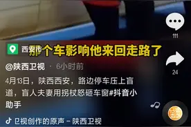 西安一盲人大爷嫌盲道旁的车挡住去路，用拐杖狂敲车辆，网友：停车时要多想一想图片