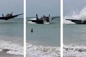 美国海滩上飞来一架二战战机，在众人围观下一头扎进水里图片