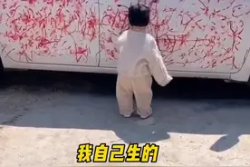 萌娃拿口红在车上涂鸦 爸爸：这是亲生的，不能打图片