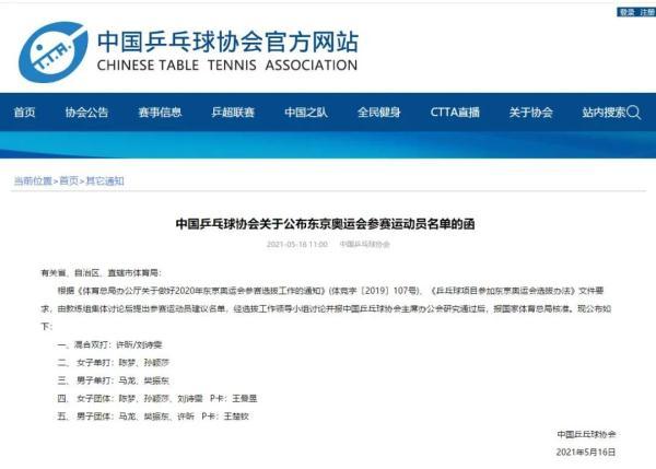 都有谁？中国乒乓球队东京奥运会参赛名单正式公布