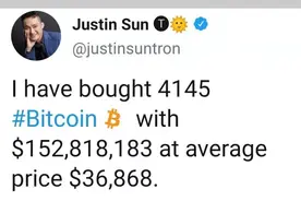 波场币创始人孙宇晨抄底比特币，买入4145枚，均价不到3.7万美元图片