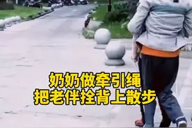 奶奶做牵引绳把老伴背上散步 相濡以沫的爱情让人又感动又羡慕图片