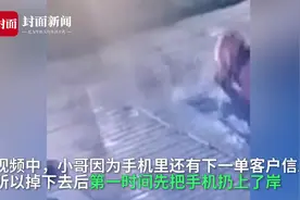 丽江外卖小哥送餐时低头看手机不慎掉进水池，第一反应先保护外卖图片